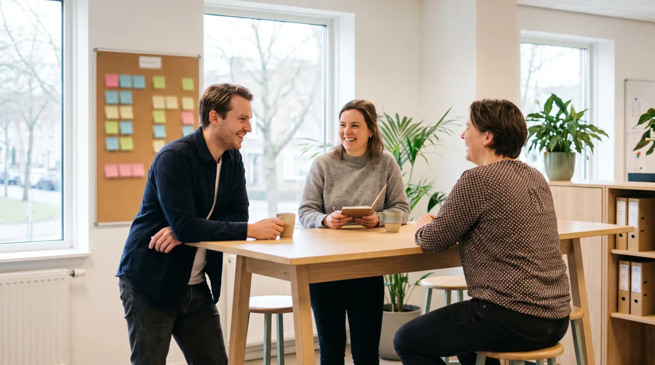 Drie collega's in overleg aan een werktafel